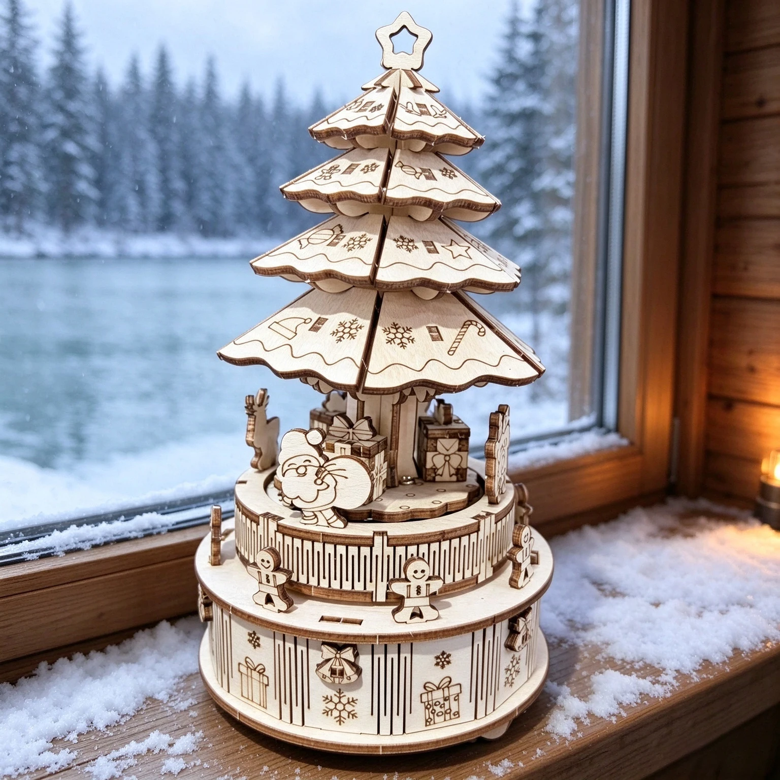 DIY Wooden Christmas Tree Rotating Music Box, Multi-layer Xmas Scene with Snowman Gingerbread Man Desktop Decor Gift