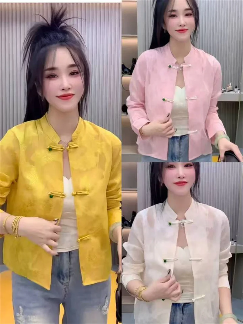 Cienkie koszule z długim rękawem dla kobiet Wiosna 2025 Nowy przemysł ciężki Żakardowe wydrążone topy z kołnierzem z klamrą w stylu retro