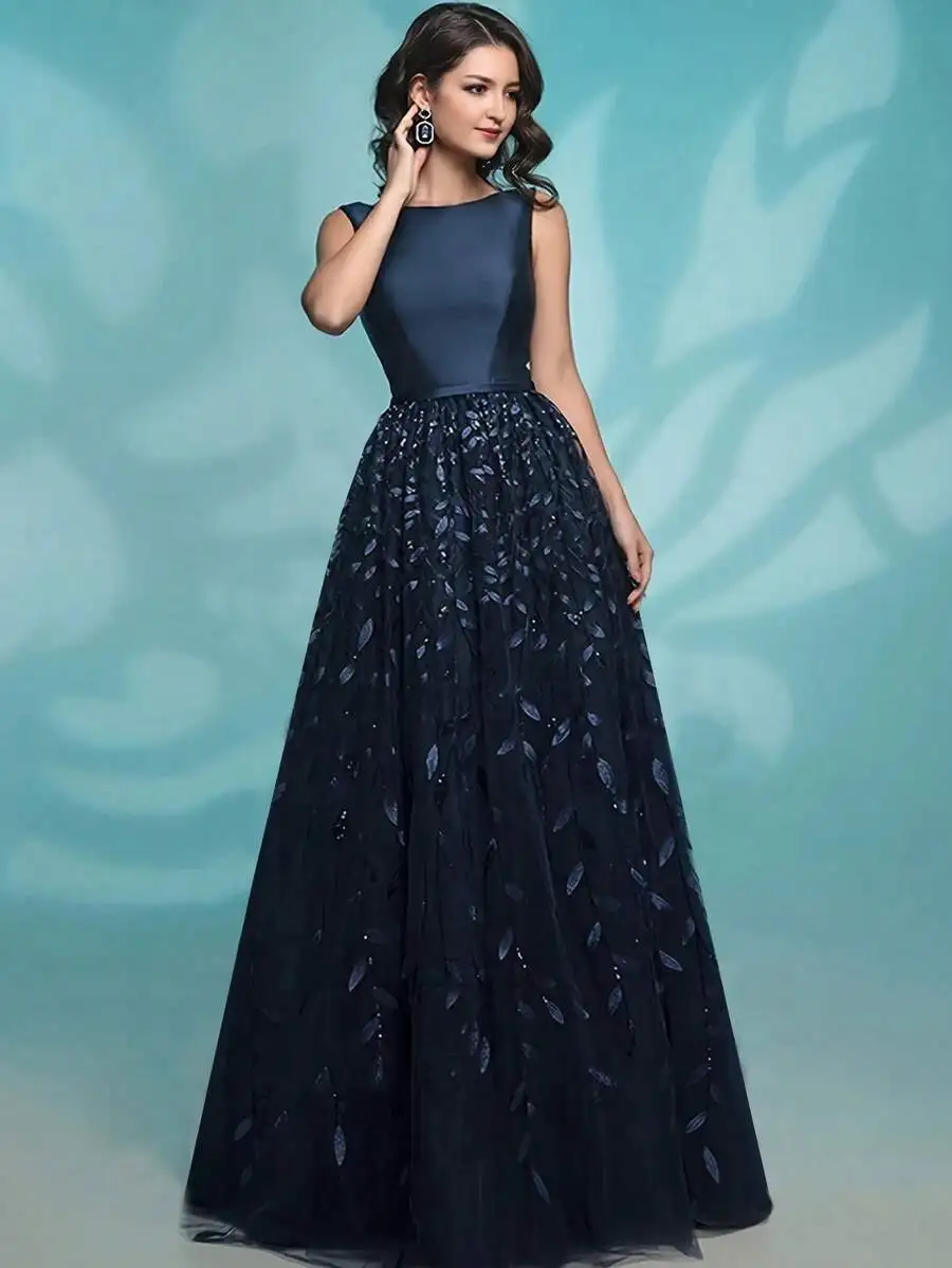 

Elegant Sleeveless V-Neck Maxi Dress with Leaf Embellishments and Tulle Skirt