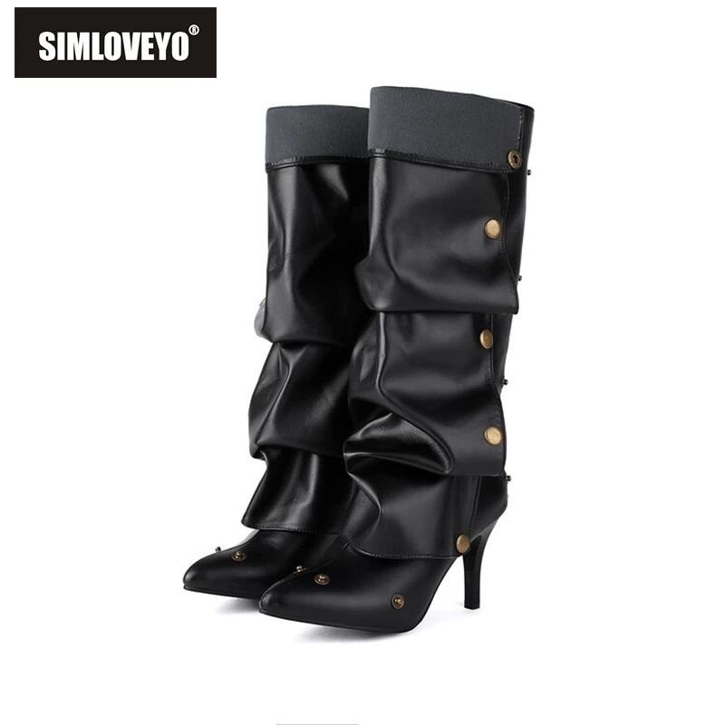 

SIMLOVEYO 2024, дизайнерские плиссированные сапоги до колена, туфли на шпильке 8,5 см, пуговицы, съемный широкий острый носок, 44 45, 46 US15
