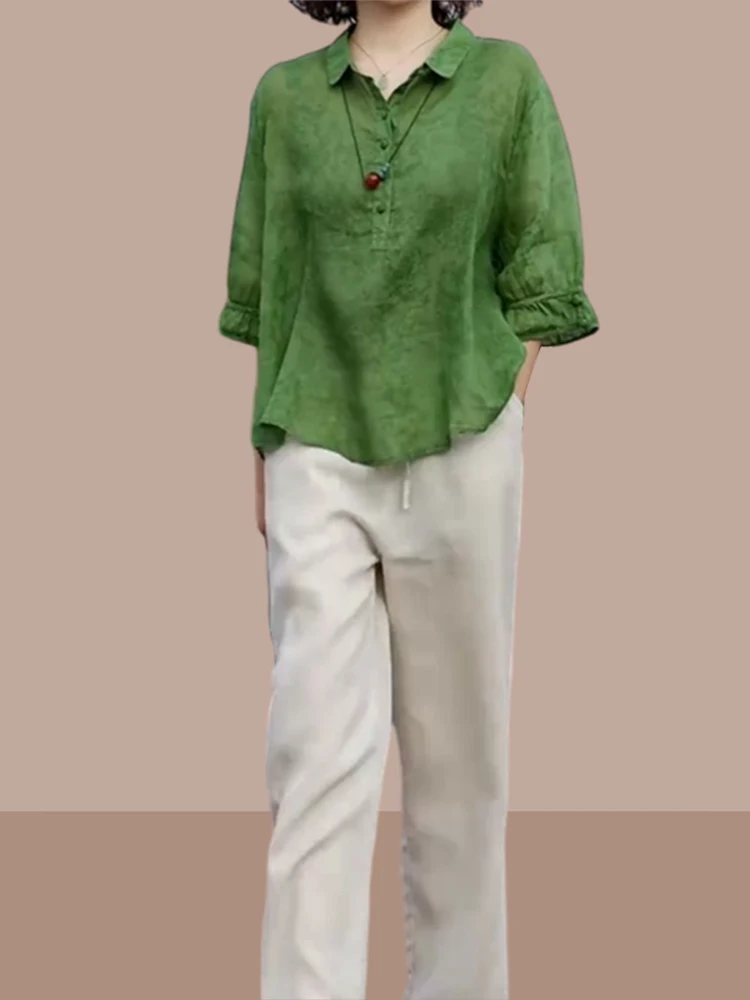 

Lightweight Cotton Linen irt Women's ort Sve Ne Regular Fit Striped Pattern Summer Faionable Top for Mom