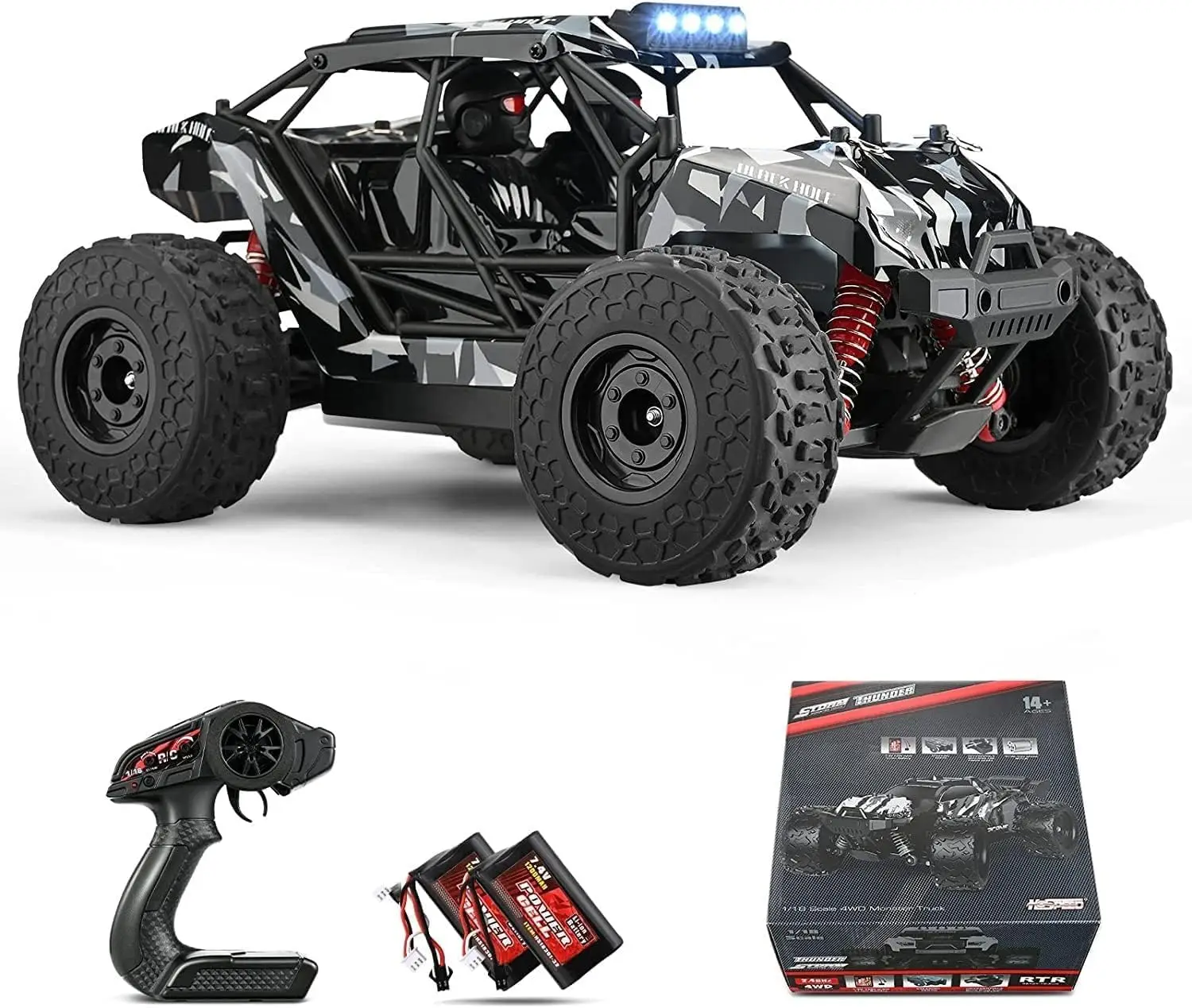 Remote Control Car, 2.4GHz 1:18 Proportional 4WD 50+ km/h Hobby Offroad Monster RC Truck, RC Crawler with LED Light, 2 Batteries