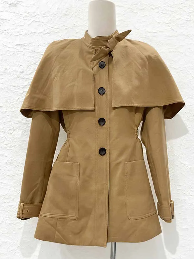 الكاكي شال طوق الدانتيل يصل خندق معطف المرأة كم كامل واحدة الصدر جيب الخصر Cinching سترة 2025 الخريف الشارع أبلى