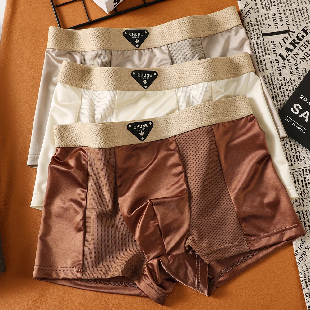 

3PCS/Pack Luxury Solid Satin-like Boxers Hombre Mesh Breathable Ice Silk Men's Panties Cool Smooth High Elastic Man Undrewear