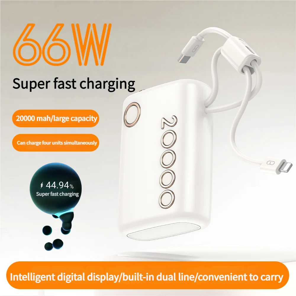 

New 20000mAh Power Bank 66W Super Fast Charging Powerbank Built in Cable Hanging Portable External Battery For iphone Samsung