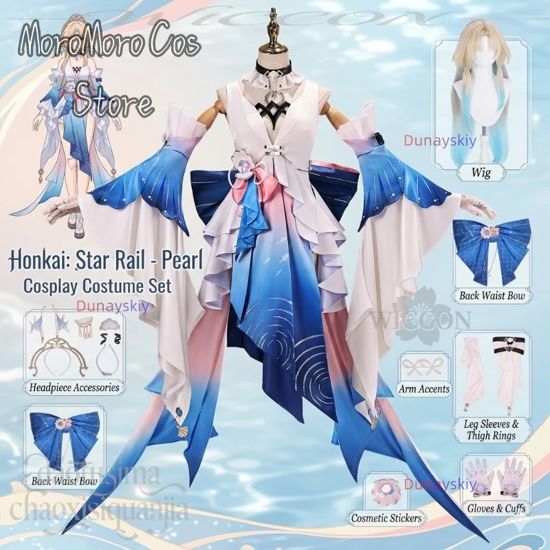 

Костюм для косплея Pearl из игры Honkai: Star Rail: красивое синее градиентное модное платье с высоким разрезом, длинные парики, для Хэллоуина