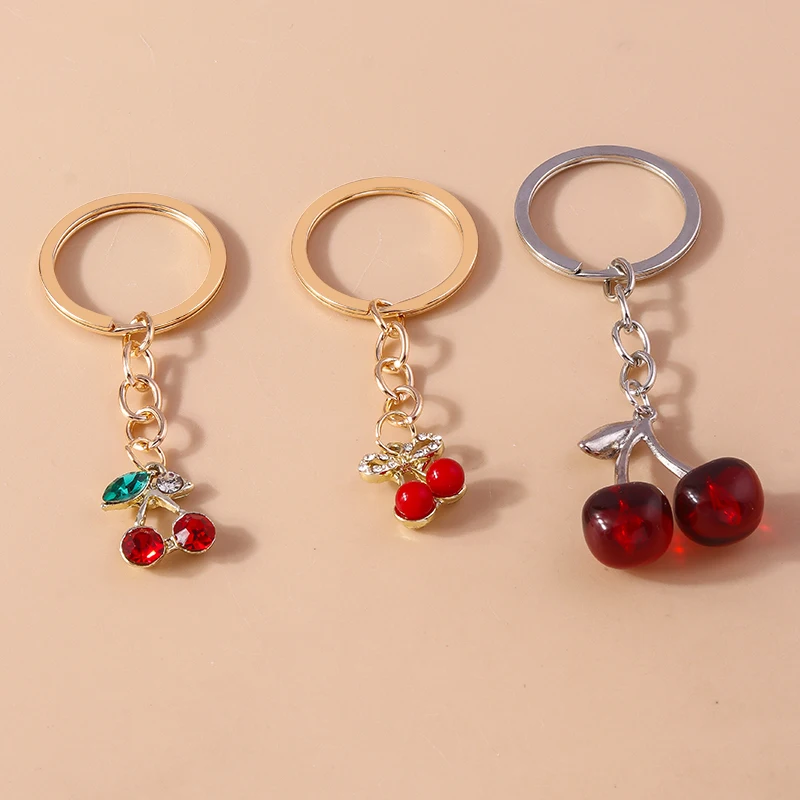 Lovely Crystal Cherry Keychain Simulated Fruit Keyring Pendants for Women Girls Handbag Decor Charm DIY Jewelry Gifts