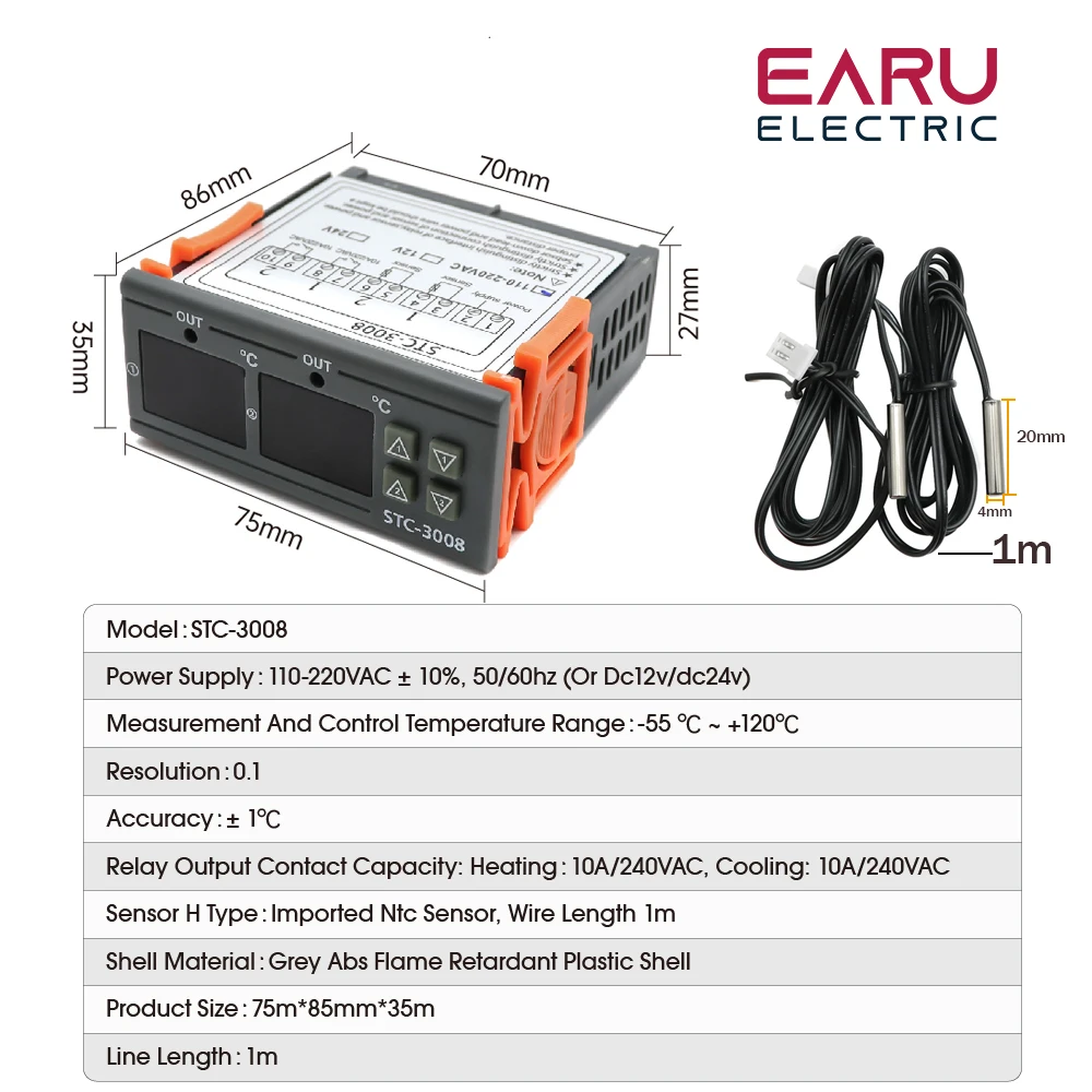 STC-3008 duplo controlador de temperatura digital dois saída relé dc12v dc 24v ac220v termorregulador termostato com aquecedor térmico