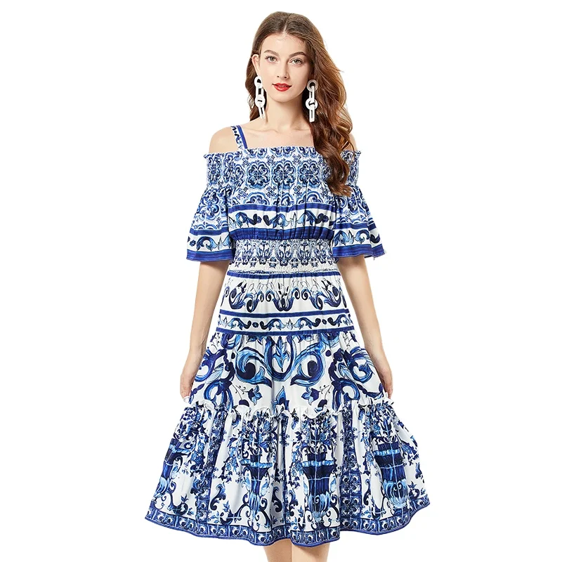 

TRAF Summer Runway Blue and White Porcelain Print Beach Midi Dress Women's Spaghetti Strap Flare Sleeve Elastic Waist Vestidos