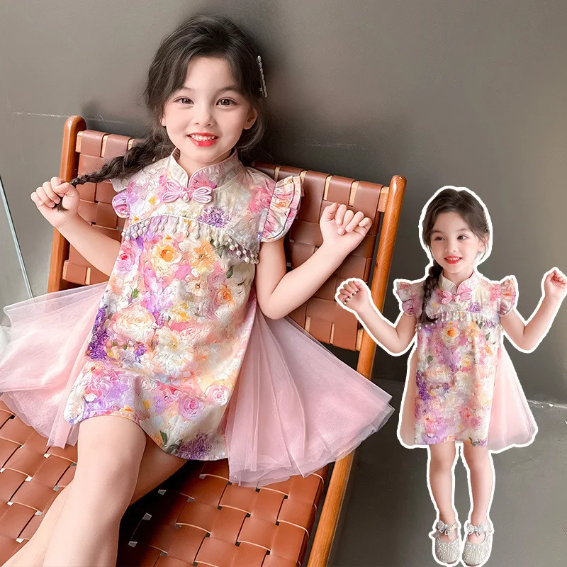 2026New Style Girls' National Style Flying Sleeve Cheongsam Dress Children's Fashion Little Girl Stylish Dress Trendy