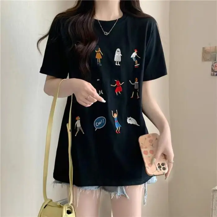 Summer Fashion Women T-Shirt Funny Cartoon Embroidery Tshirt Harajuku Casual Loose Pure Cotton Clothes T Shirt Female Streetwear