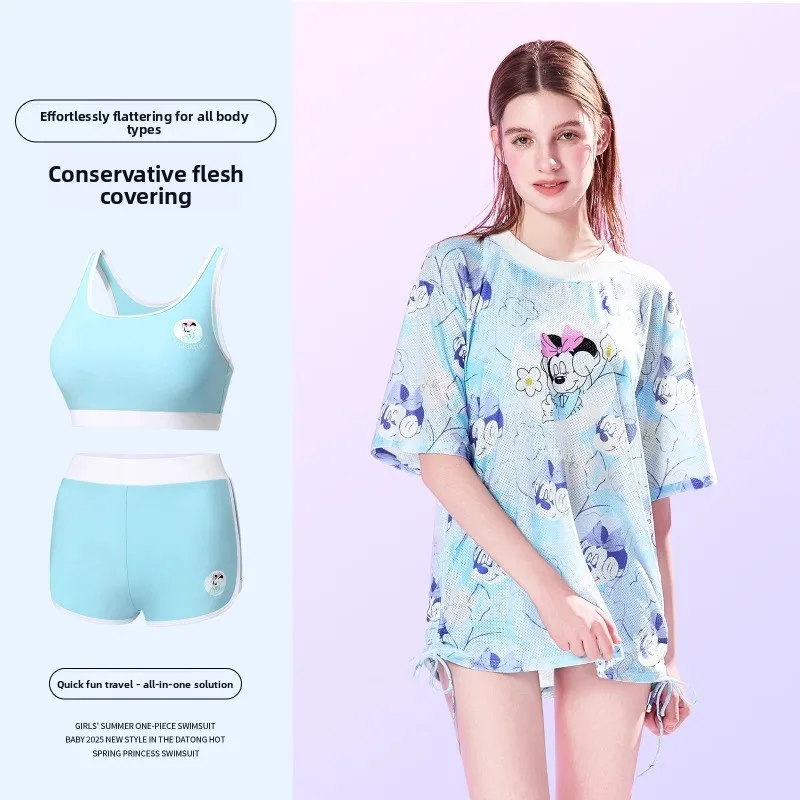 디즈니 커버업 3피스 수영복, 새로운 여성용 2피스 자외선 차단 수영복 해변 및 온천에 적합