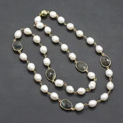 G-G Long Necklace White Rice Freshwater Pearl Rosary Labradorite Bezel Set sweater chain Necklace