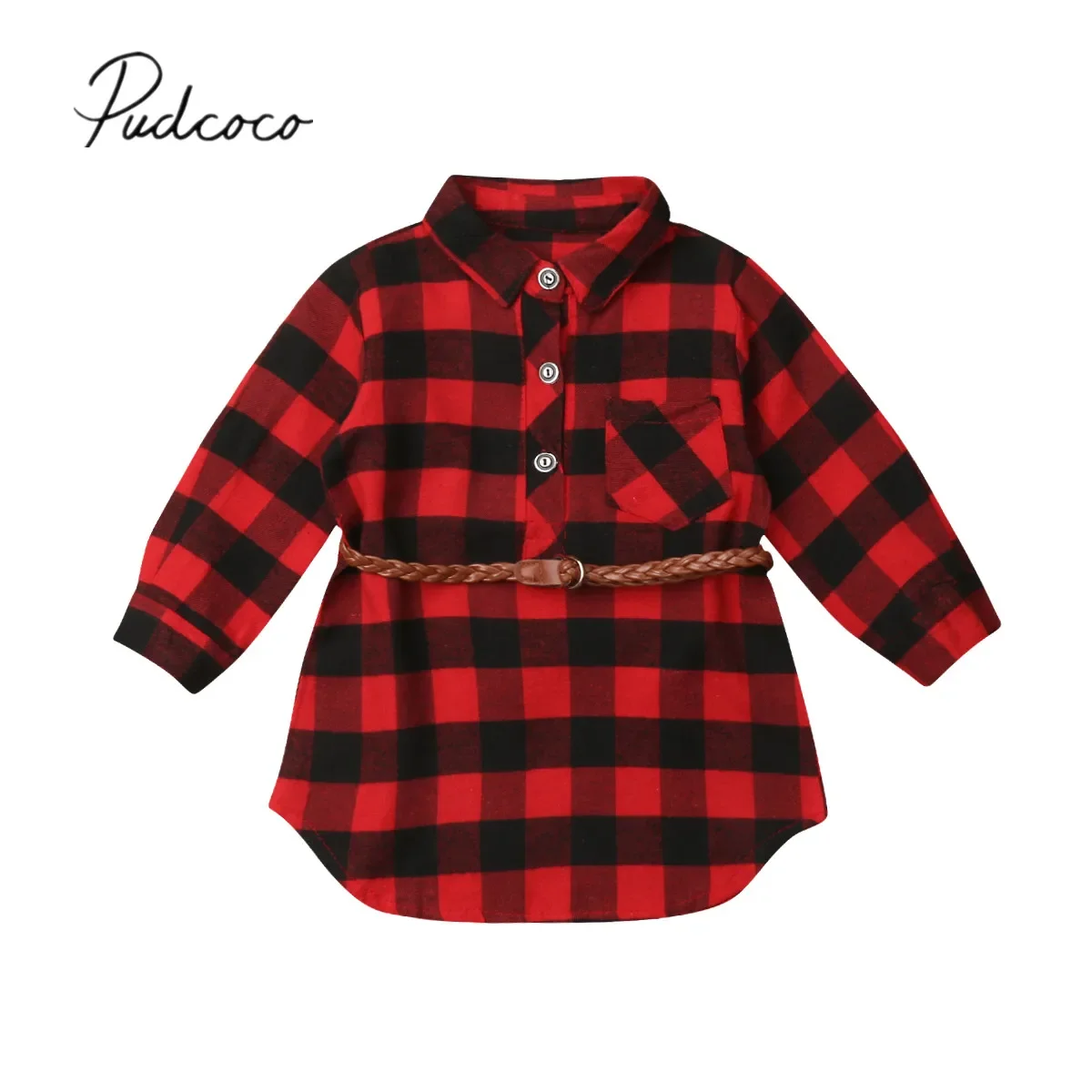 

2019 Christmas Baby Girl Red Plaid Dress +Belt 0-5Y