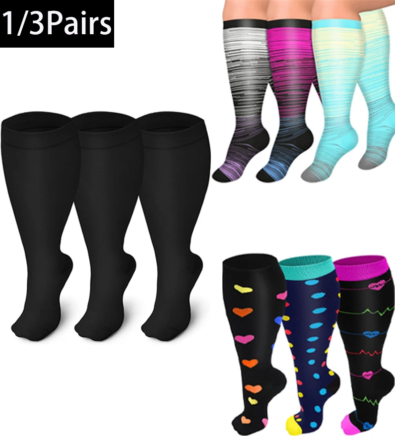 

1/3Pairs 2XL-5XL Colorful Plus Size Compression Knee-High Socks for Women Men Wide Calf Extra Knee High Support Circulation Sock