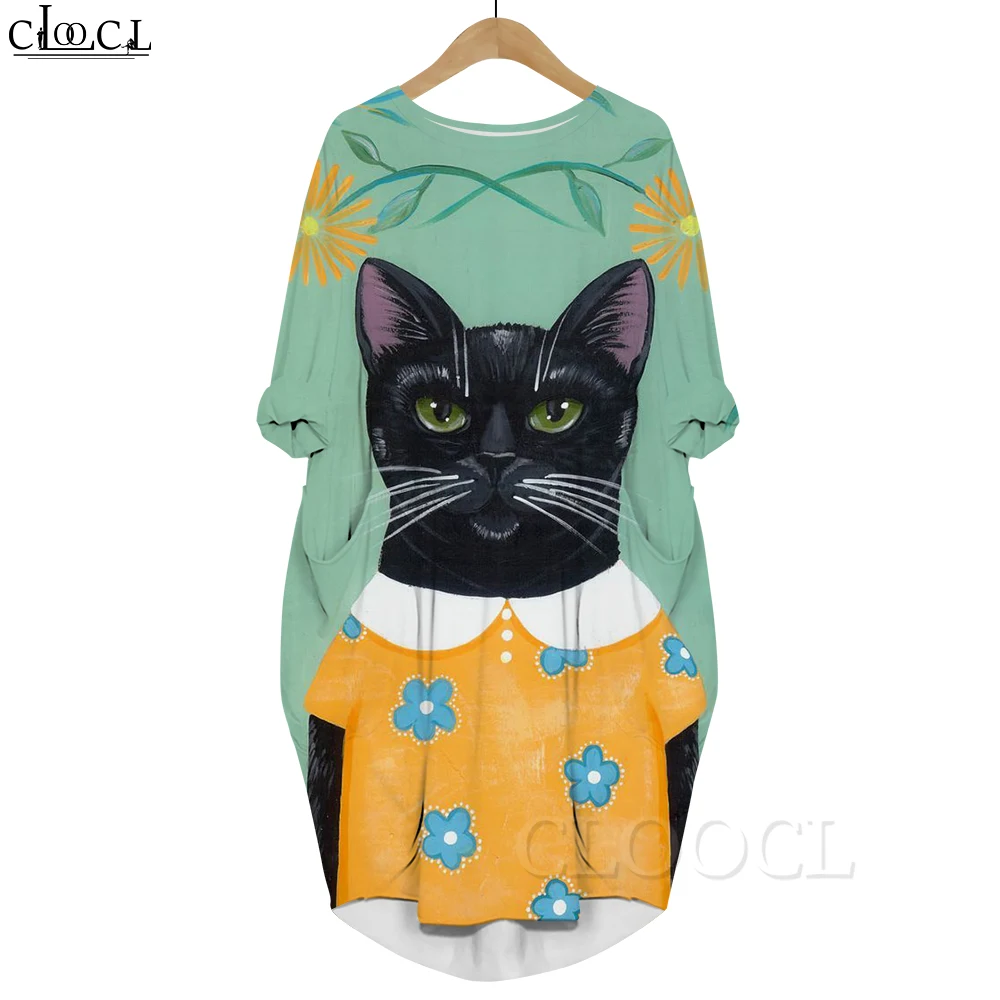 CLOOCL New Van Gogh Starry Cat Dress 3D Print Cartoon Animal Dress with Pockets Harajuku Women Party Clothing Long-sleeve Dress