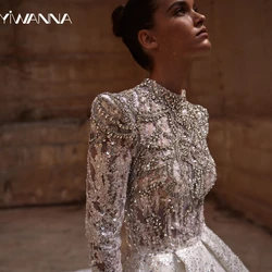 Modest High Collar Long Sleeve Wedding Dress Sequined Rhinestones Bride Robe Exquisite Bridal Gown Customized Robe De Mariée