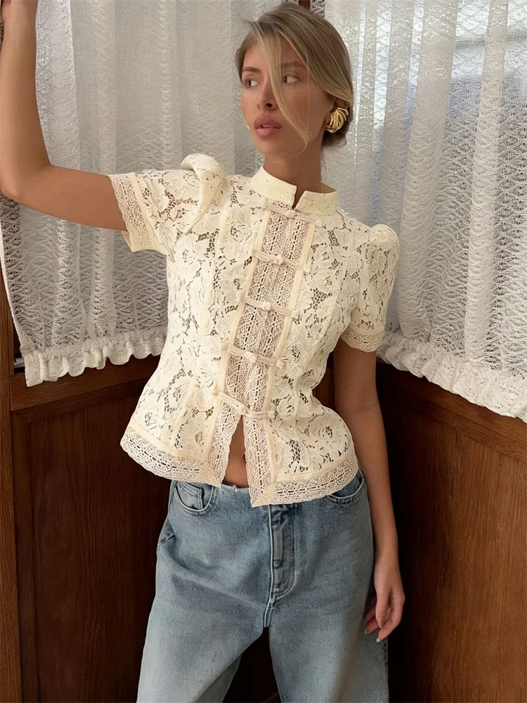 

Tossy Fashion Hollow Out Lace Shirts Cardigan Women's Short Sleeve See-Through Patchwork Commute Top Female Summer Lace Blouses