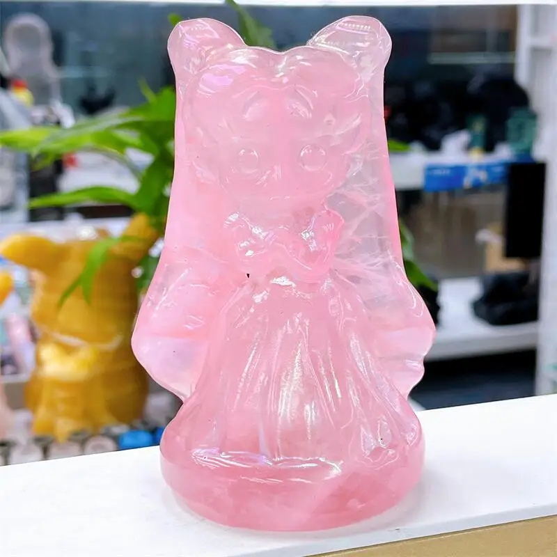 

12CM Natural Aura Rose Quartz Cartoon Girl Carving Crafts Healing Fengshui Reiki Stone Home Decor Decoration 1PCS