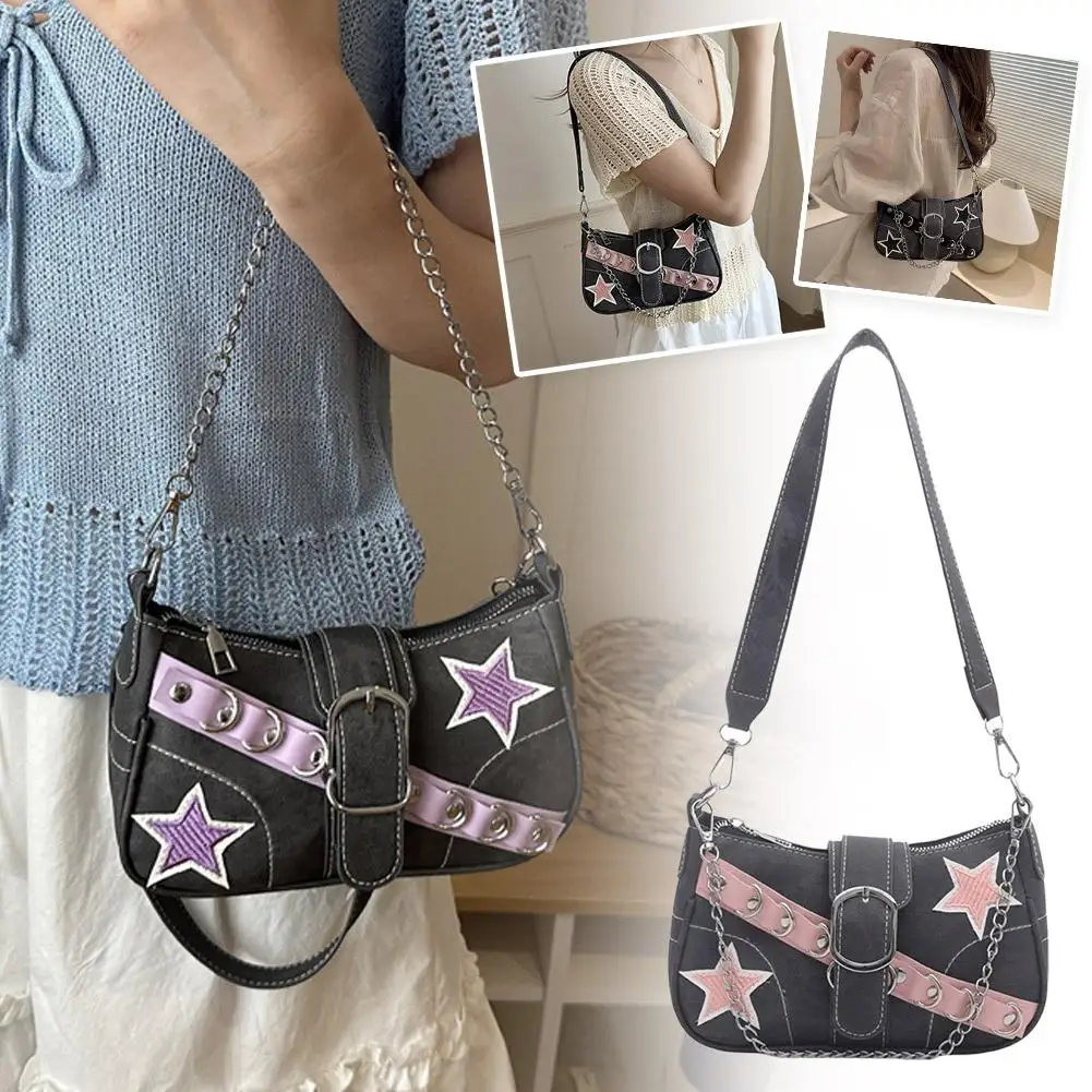 Y2K Star Denim Shoulder Bag Punk Grunge Rivet Belt Chain Underarm Bag Vintage Harajuku Crossbody Purse Aesthetic Women Handbag