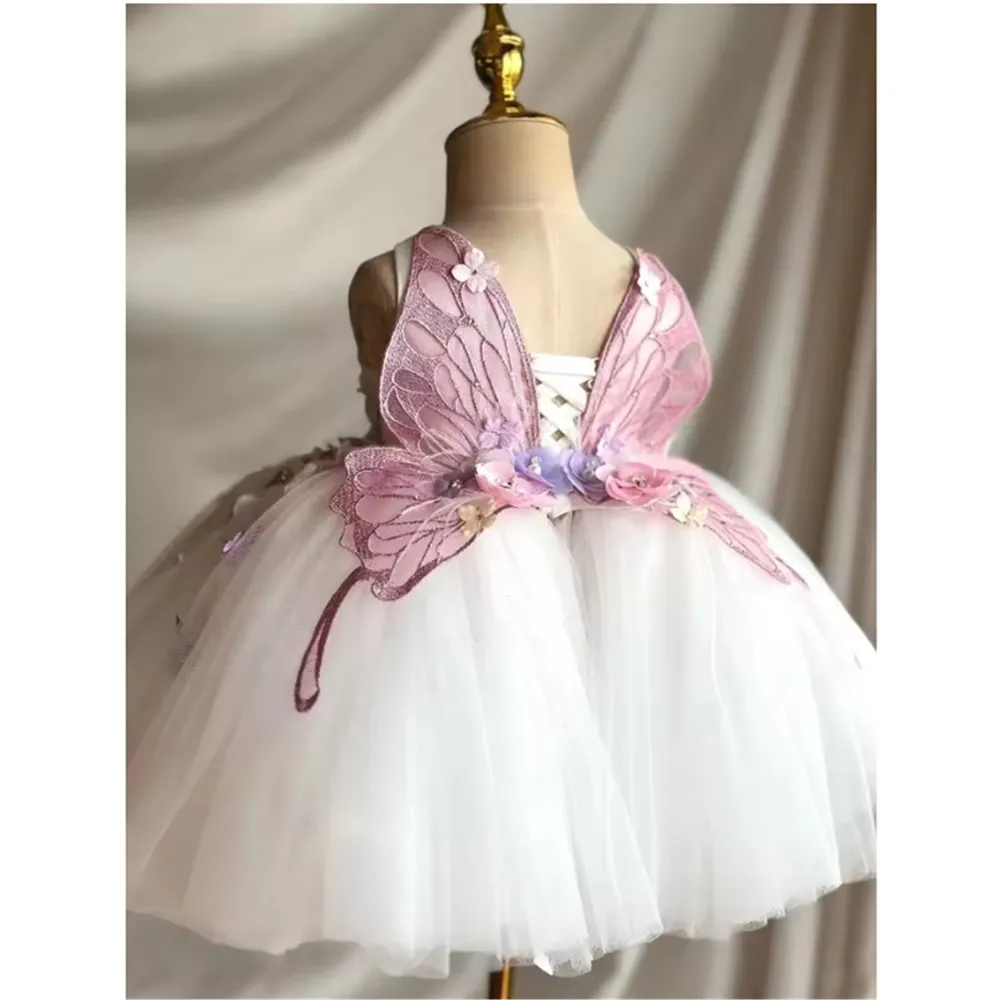 

Cute Flower Girl Wedding Dress Appliques Floral Butterflies Beading Pearls Ball Gown Girls Birthday Kids Wear Customized