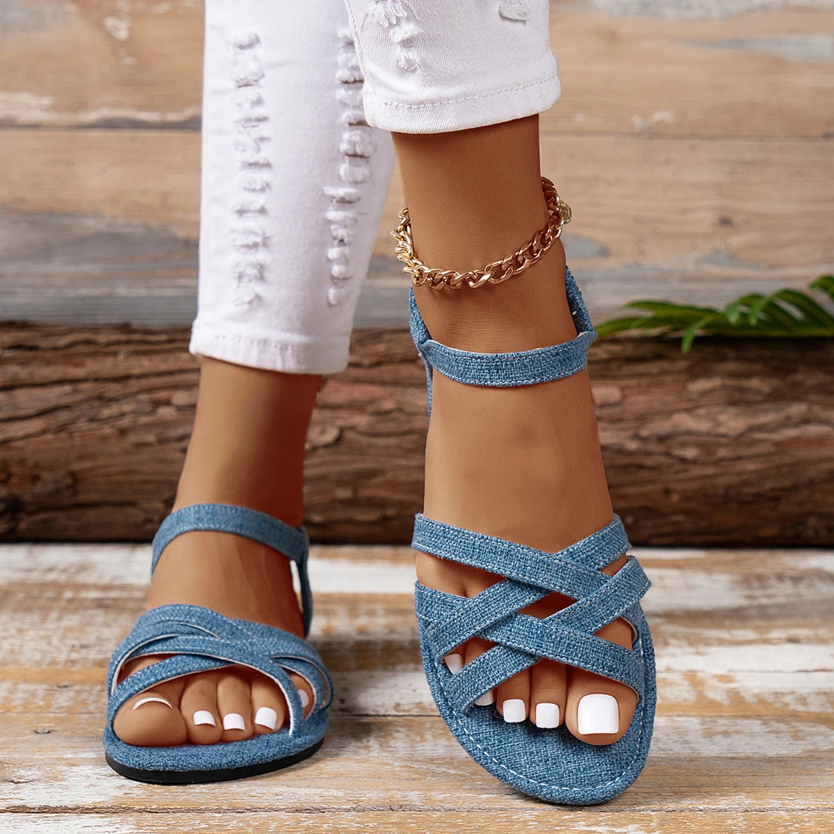 LazySeal Blue Denim Fashion Women Flat Heel Sandals Elastic Band Summer Shoes For Woman Sweet Summer Casual Shoes Plus Size 43