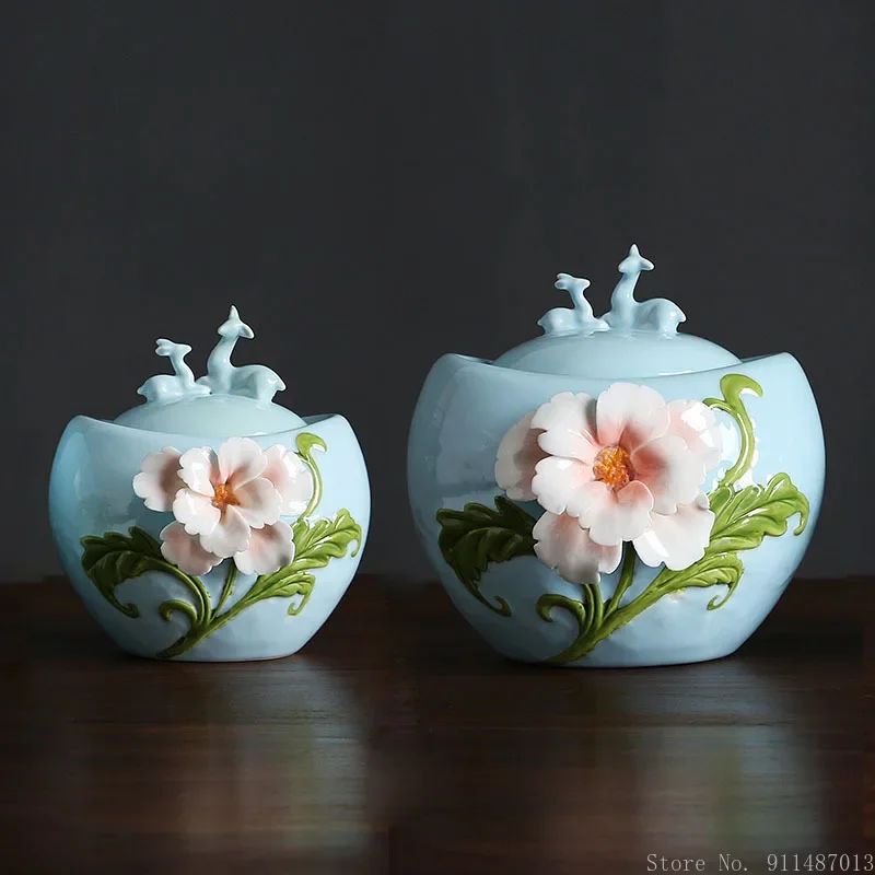 

Boutique high-end handmade flower tea jar ceramic sealed home creative three-dimensional porcelain flower gourd Storage jar, 1Pc