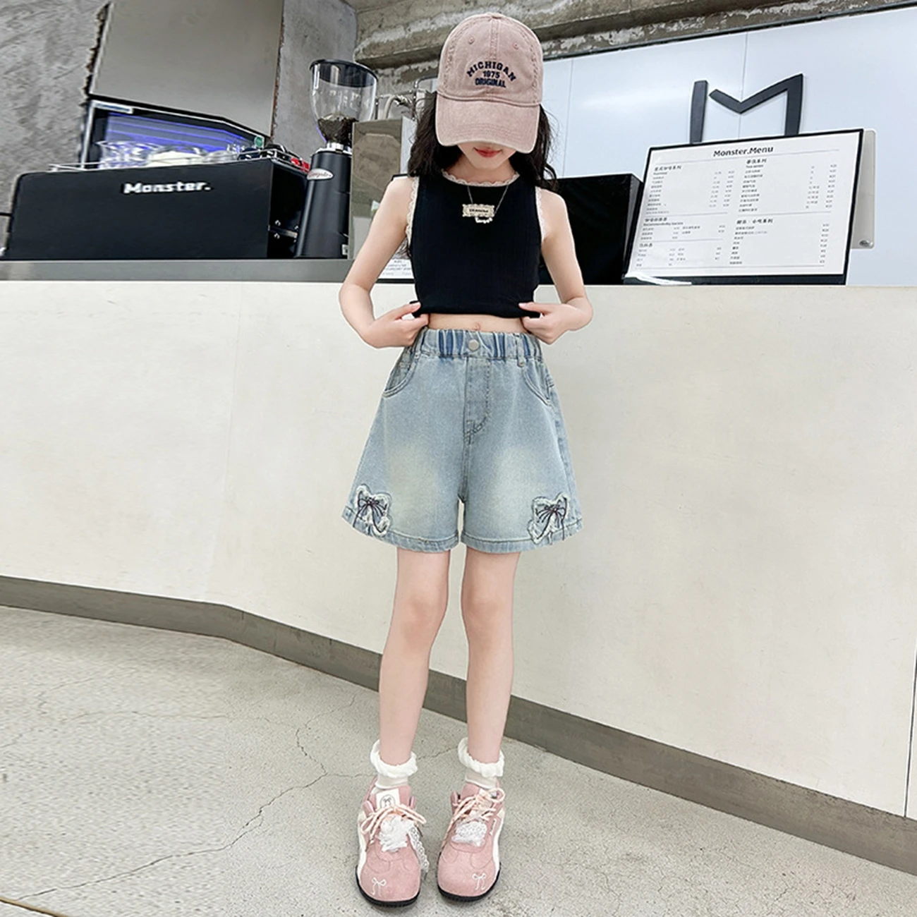 

New Summer Kids Child Fashion Denim Shorts for Teenage Girls Gothic Mini Shorts with Bows Size 5-14 T