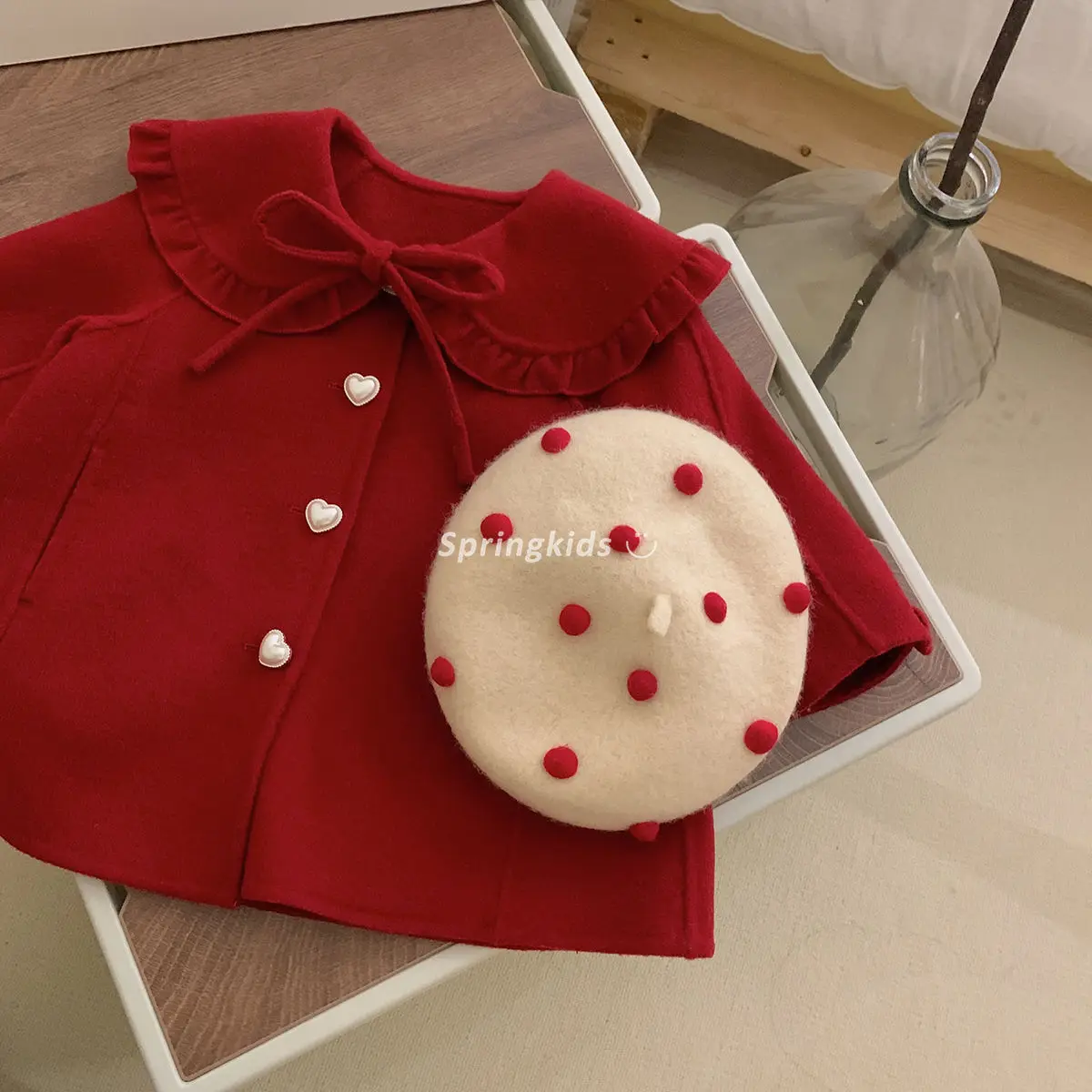 Girls\' Red Woolen Jacket for Autumn 2023 Children\'s Clothing, Fashionable and Versatile on Doll Necked Fabrics