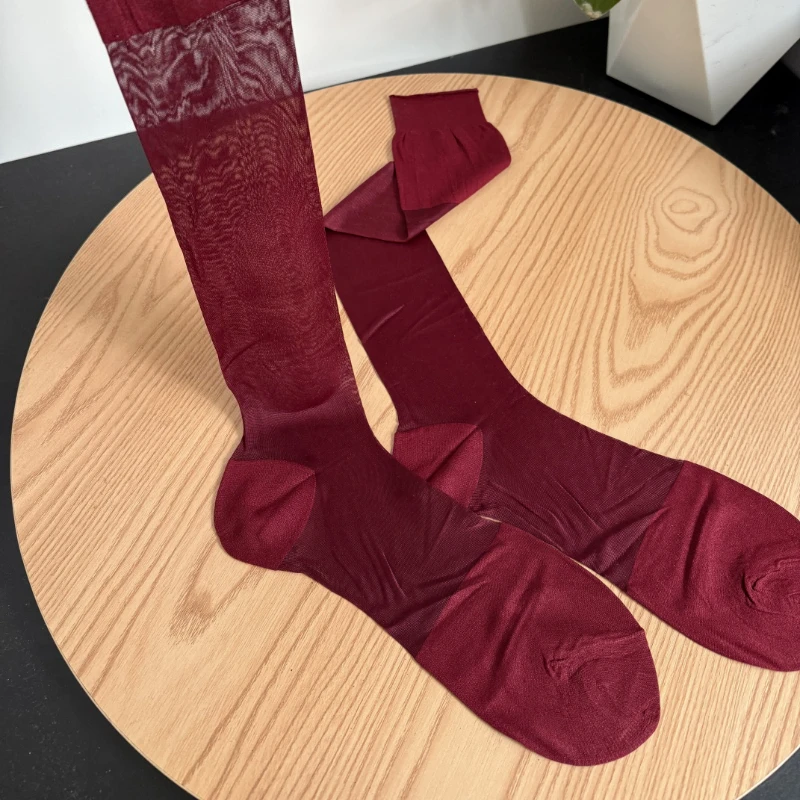 Men Business Dress Long Socks High Quality Elastic Soft Breathable Casual Solid Color Spanish Red Stockings Man Knee High Socks