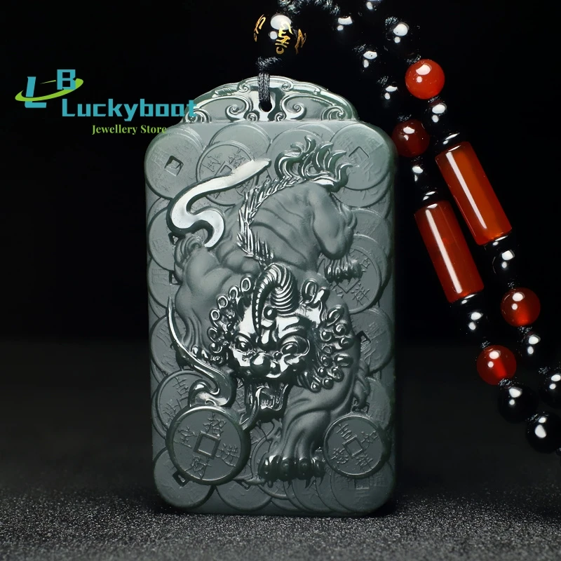 

Natural Hetian Jade Sapphire Pixiu Pendant Lucky Fortune Necklace for Men and Women