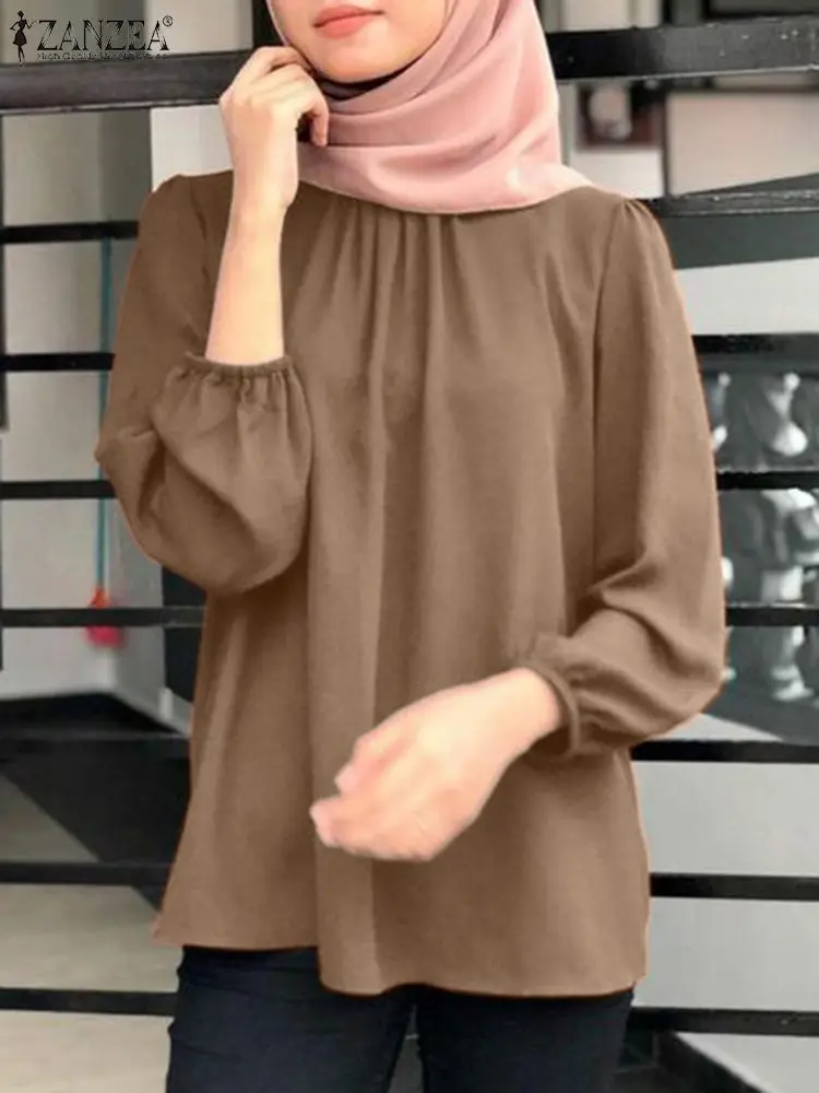 Bluzka damska moda ZANZEA z długim rękawem solidna muzułmańska bluza jesienna elegancka koszula na co dzień dubajska indyk Abaya hidżab Blusas IsIamic