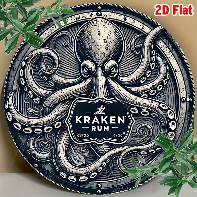 Letrero de metal plano 2D, 1 pieza, KRAKEN RUM, decoración de pared de aluminio redonda de 8x8 pulgadas con diseño de pulpo, estilo náutico vintage, Ind