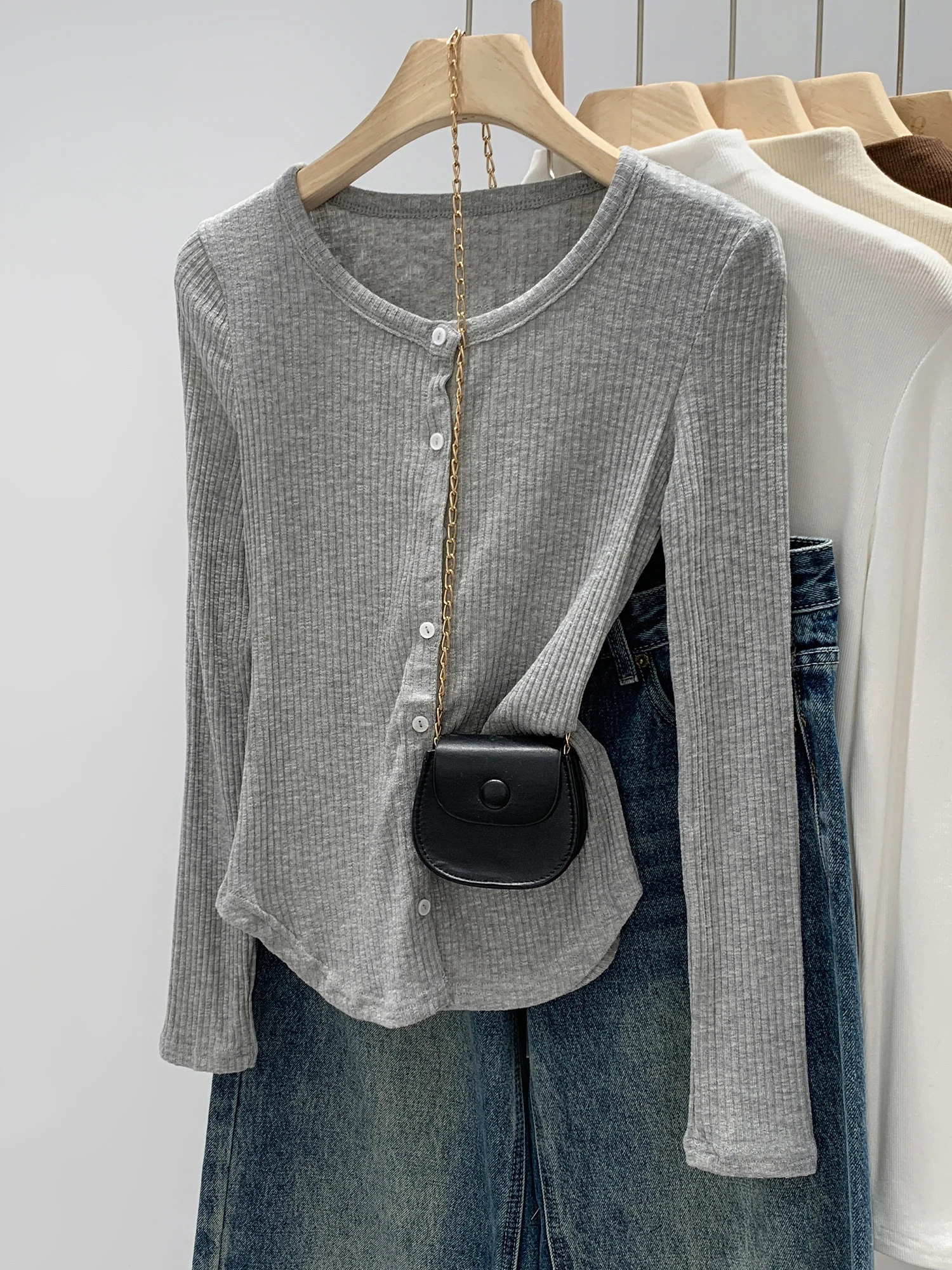 Korean Style Grey round Neck Knitted Open Cardigan Women's Slim Fit Autumn Fashion Top City Walk Long Sleeve T-Shirt