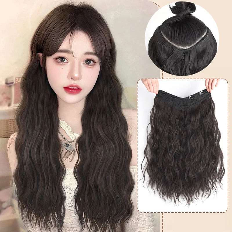 V Part Hair Extensions Synthetic Curly Wave 4 Clips in Hair Extensions One Piece Full Head Half Wig Straight Thick Hairpiece