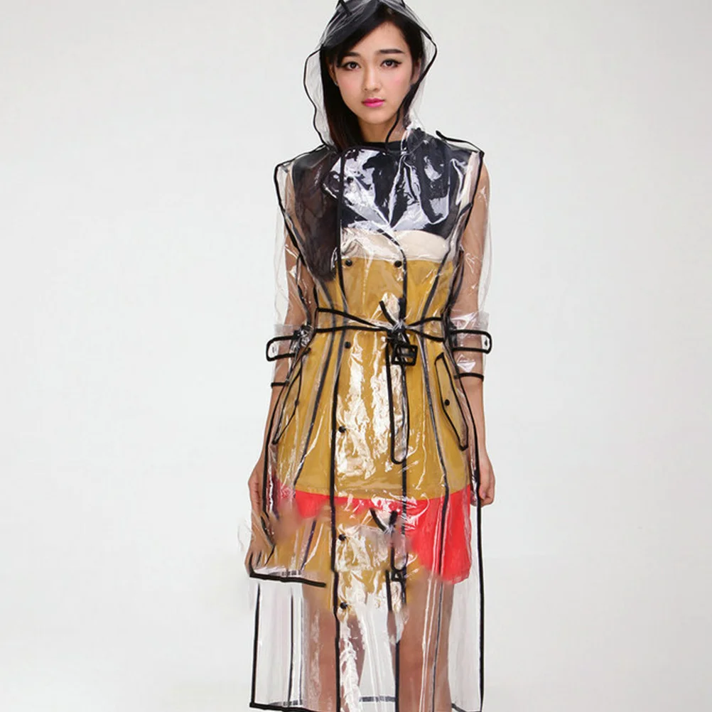 Chubasquero transparente para mujer talla Xl Eva con capucha medio largo ligero cinturón negro moda impermeable al aire libre