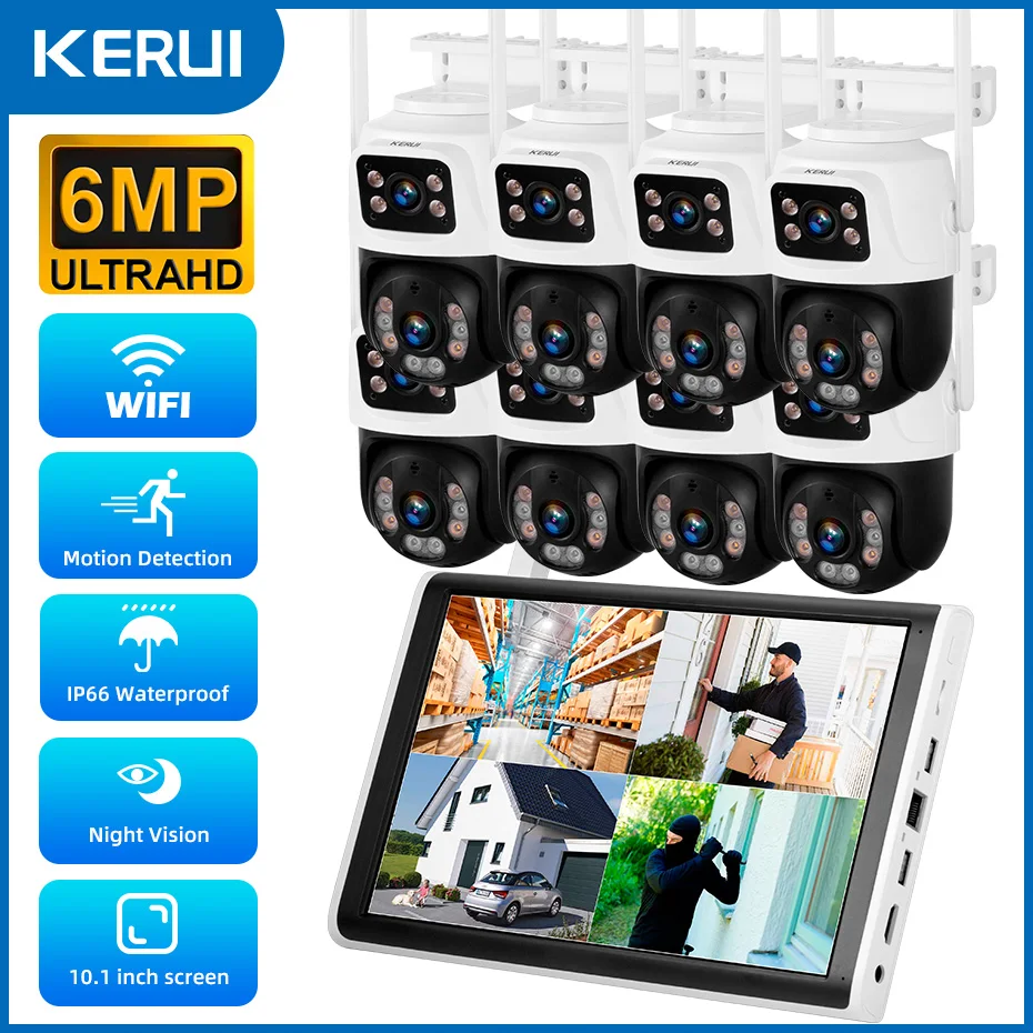 KERUI 8CH Draadloze 10.1 inch LCD Monitor NVR Kit 6MP WIFI IP Dual Lens Home Security Camera Systeem Surveillance Video recorder
