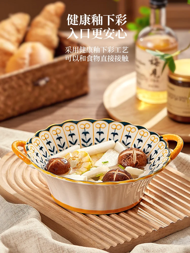 Double Ear Ceramic Ramen Bowl Anti Scalding Rice Soup Noodle Bowl For Knitchen