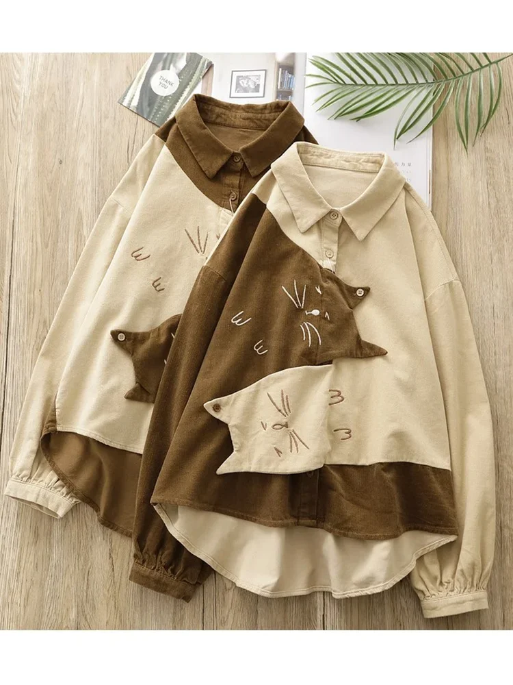 

Уникальная вельветовая рубашка с длинными рукавами Kawaii Cartoon Hug Cats Kitty, зимняя блузка Mori Girl