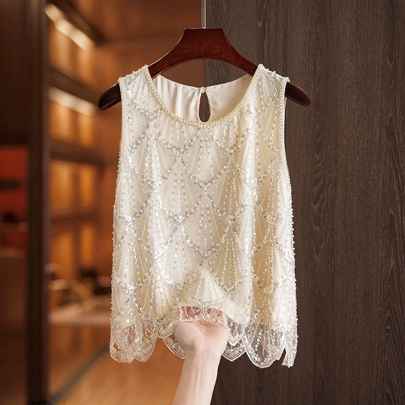 Exquisitely designed, luxurious beaded and sequined women's blouse with a stylish, sleeveless aesthetic vest