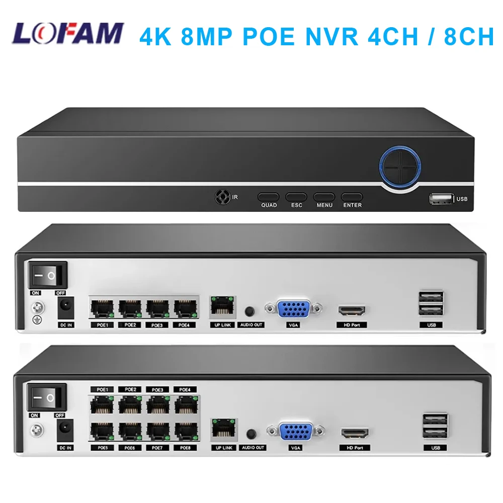 

POE NVR 4K 8CH 4CH H.265 48V Face Detection ONVIF Security CCTV Surveillance Network NVR Video Recorder for IP Camera System 8MP