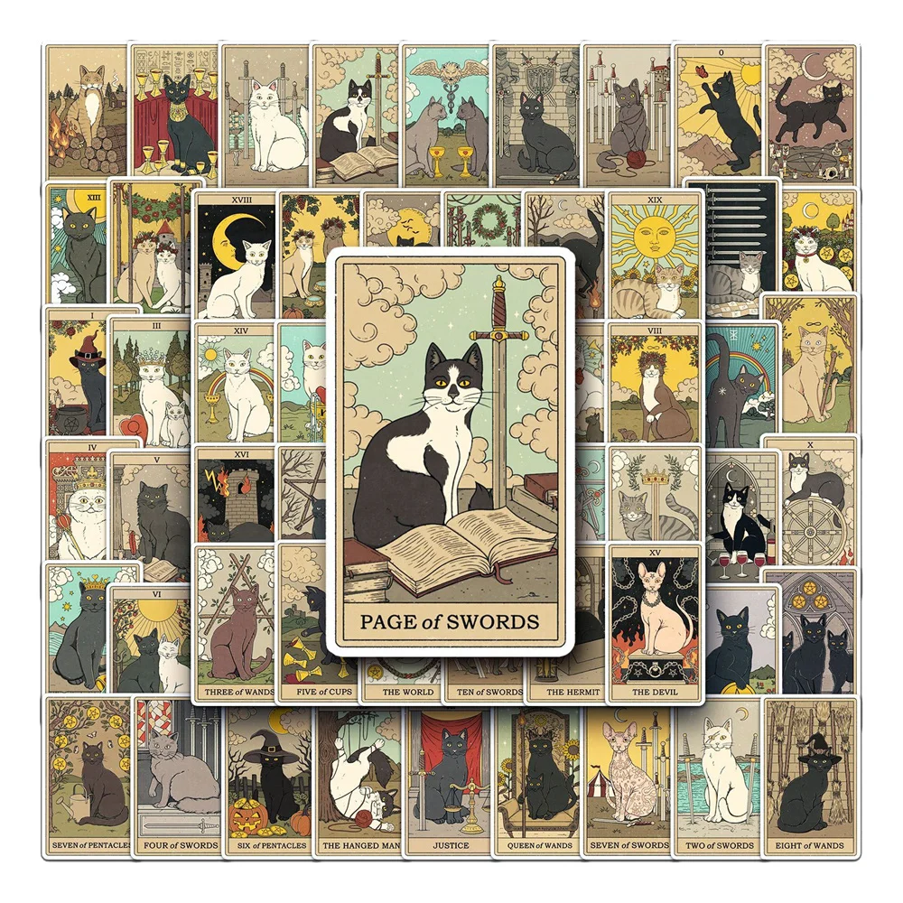 50/62pcs Retro Cat Tarot Stickers For Scrapbook Stationery Ipad Vintage Sticker Aesthetic Scrapbooking Material Craft Supplies