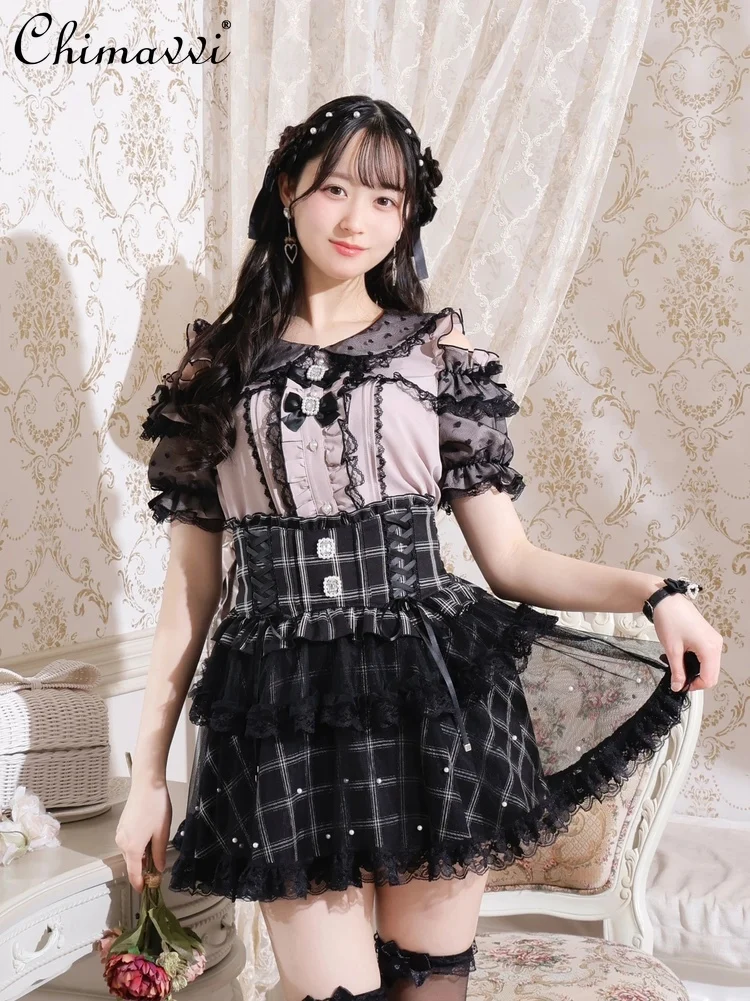 النمط الياباني الإنتاج الضخم الدانتيل المرقعة خارج الكتف دمية طوق قصيرة الأكمام قميص فتاة حلوة لطيف القوس لوليتا بلوزة