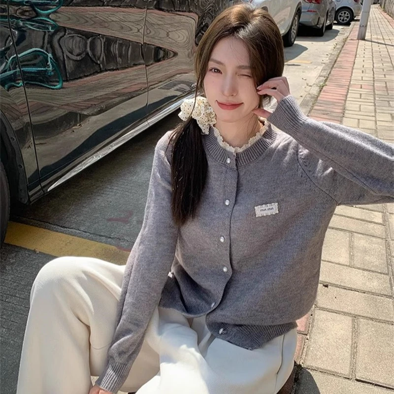 

Модный свитер, куртка, женский свободный топ, кружевной вязаный кардиган с круглым вырезом, женские свитера, весна-осень 2021, женская одежда