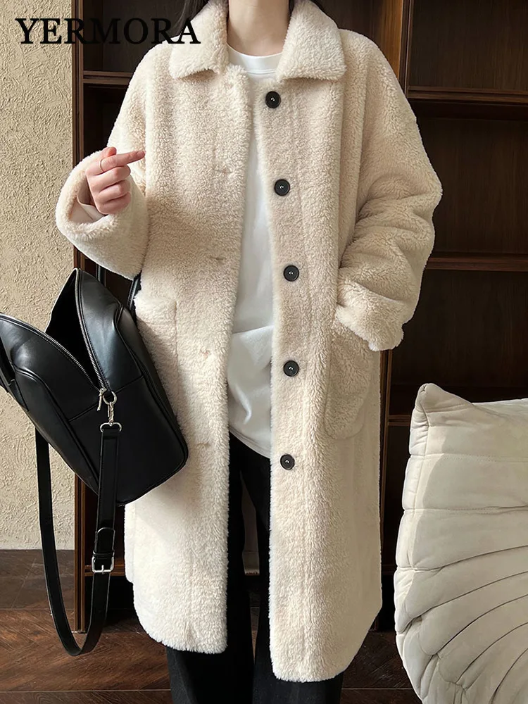 

YERMORA женское шерстяное пальто с абрикосовым мехом ягненка для женщин, свободное новое пальто с длинными рукавами и лацканами, модное пальто, осень-зима 2025