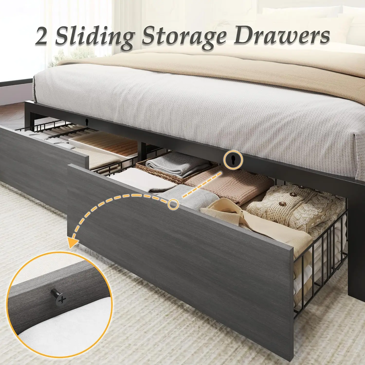 Queen Bed Frame with Charging Station LED Lights 2 Drawers Rustic Grey, Customized