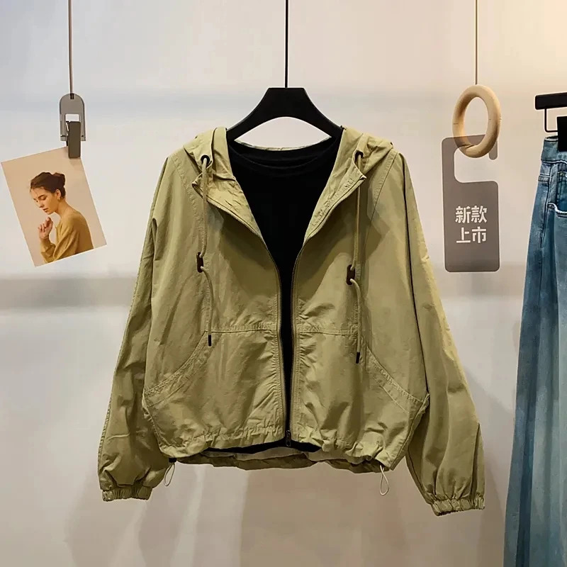 

Hooded Casual Windbreaker Coat 2026New Women Spring Western-style Jacket Loose Tooling Overwear Short Fashion Ladies Outcoat Top