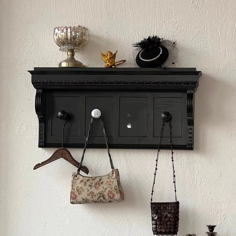 Vintage French Solid Wood Coat Rack Black Farmhouse Clothes Hanger Antique Storage Rack for Bedroom