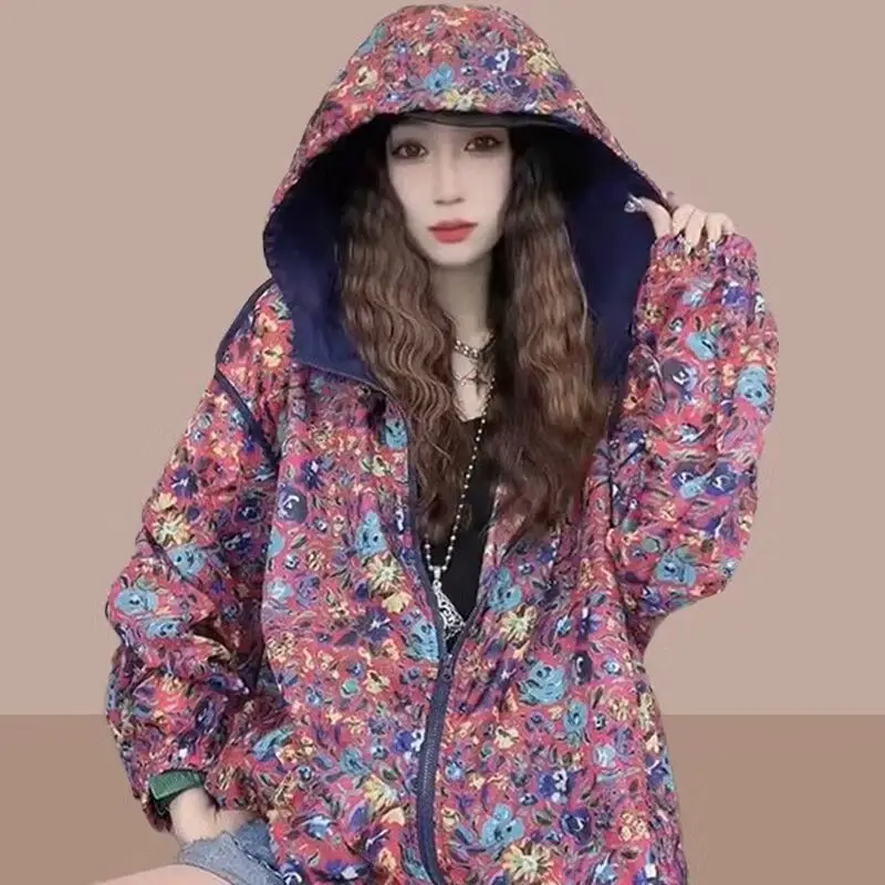 Harajuku Vintage Print Long Sleeve Hooded Jacket Women Sweatshirt Summer Jacket Beach Outdoor Sun Protection Clothes Coats New