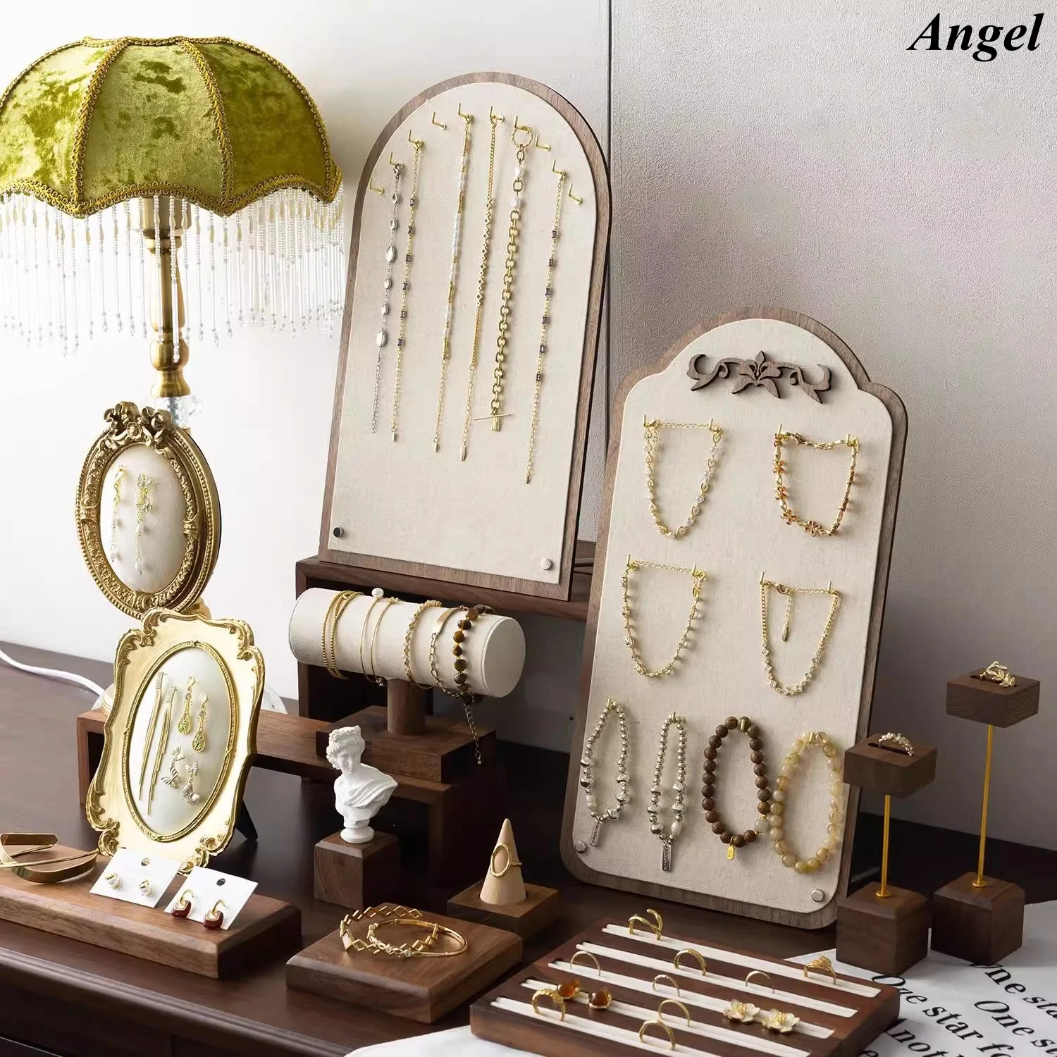 

Винтажная подставка для ювелирных изделий из орехового дерева, конопляный льняной браслет, ожерелье, держатель для колец, органайзер, ретро-стойка для фотосъемки